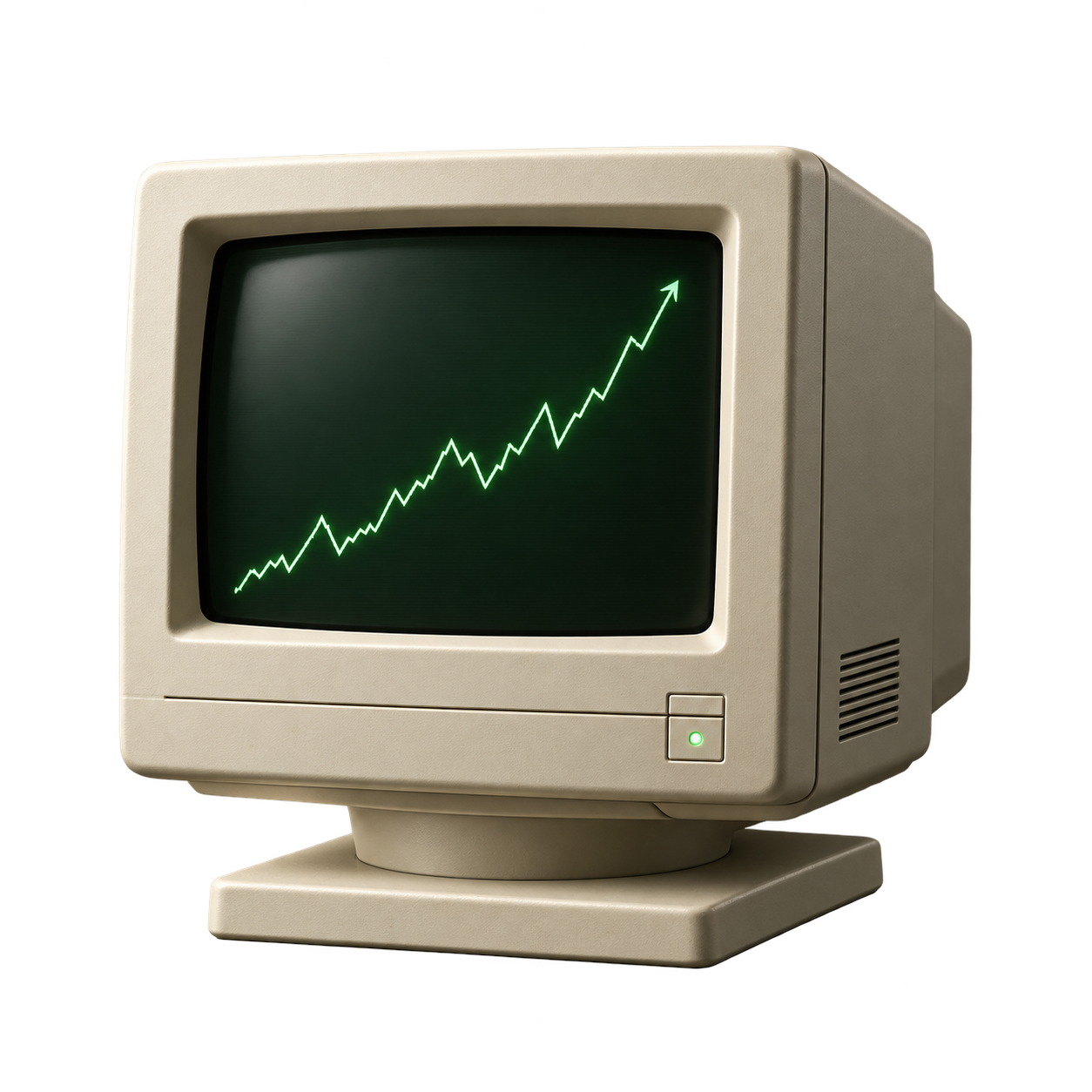 An ivory vintage monitor with an animated stock-thesis chart